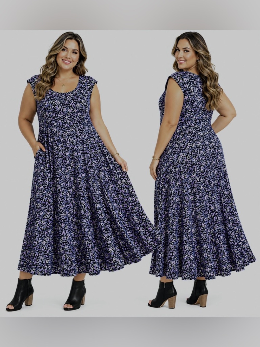 More Jazz Women’s Petites 20WP Navy Purple Floral Sleeveless Midi Dress